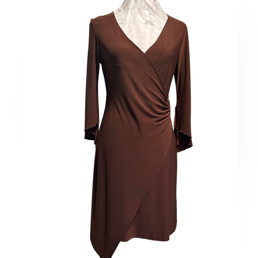 - M.K.M brown stretchy faux wrap dress V neckline slit bell 3/4 sleeves …